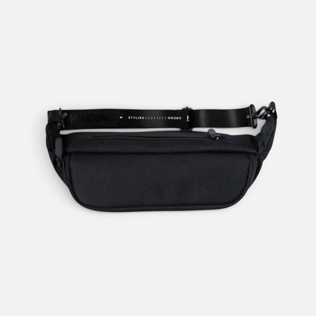 The Dog Emporium black canvas waist and cross body bag with adjustable logo strap and external zipper pocket.