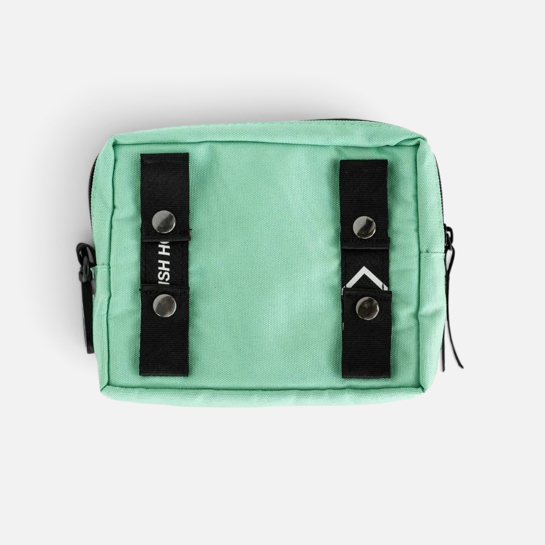 The Dog Emporium mint canvas express pouch with black leash attachment loops and zipper for dog walking essentials.