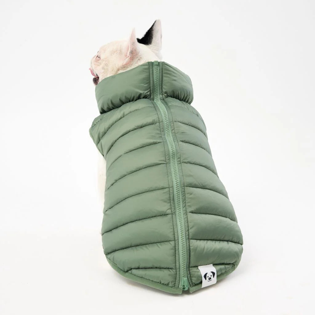 Reversible Dog Back Zipper Puffer Jacket with Harness Hole - Forest Green / Animal Print