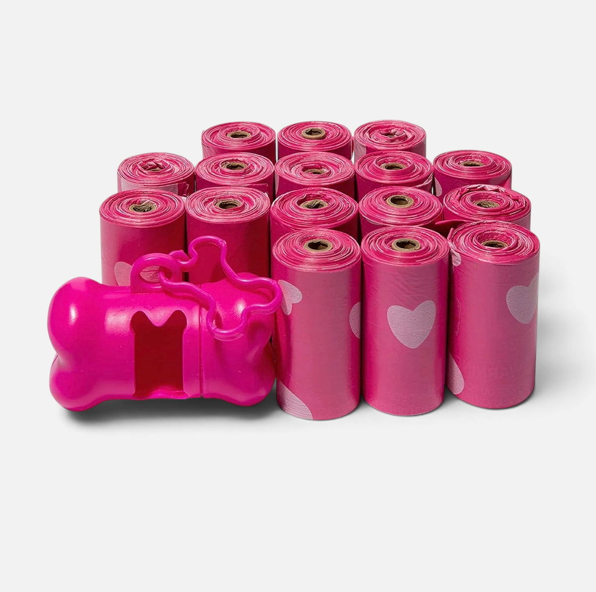 The Dog Emporium pink dog poop bag rolls with a bone-shaped dispenser featuring heart patterns on the plastic bags.