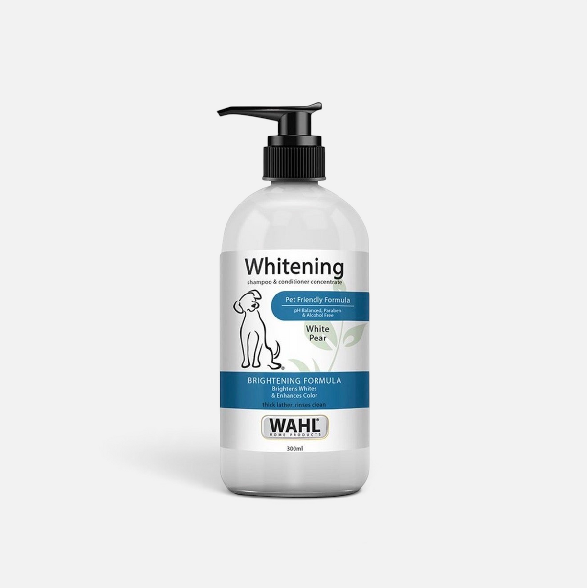 The Dog Emporium Wahl Whitening Shampoo in a 300ml bottle with a pump dispenser for brightening dog coats