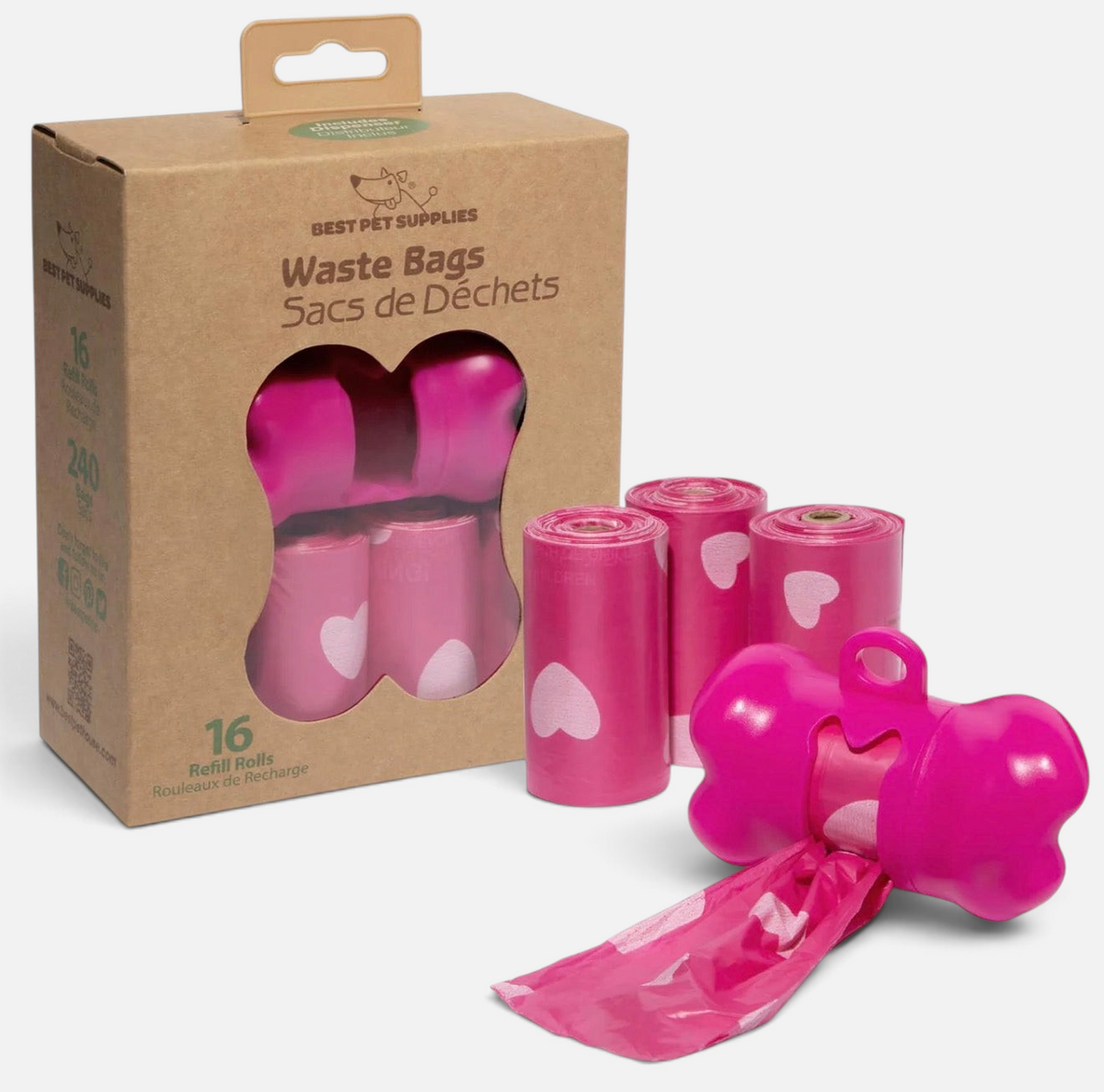 The Dog Emporium heavy-duty pink dog poop bag rolls with a bone-shaped dispenser and cardboard packaging box.