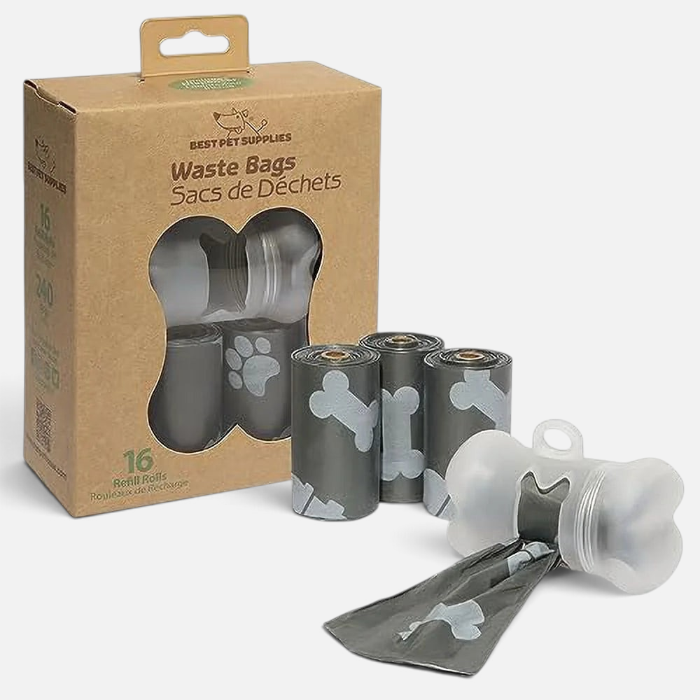 The Dog Emporium heavy-duty dog poop bags with 16 rolls and a bone-shaped dispenser in a cardboard box