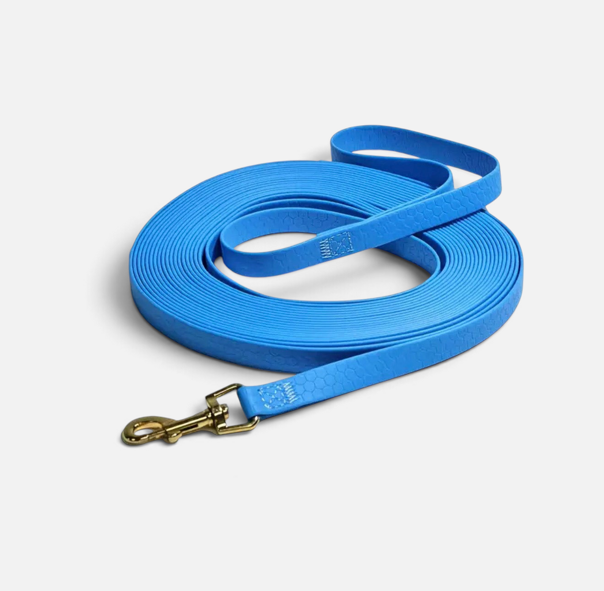 The Dog Emporium bright blue waterproof training leash with a durable gold-tone metal clip and textured surface.