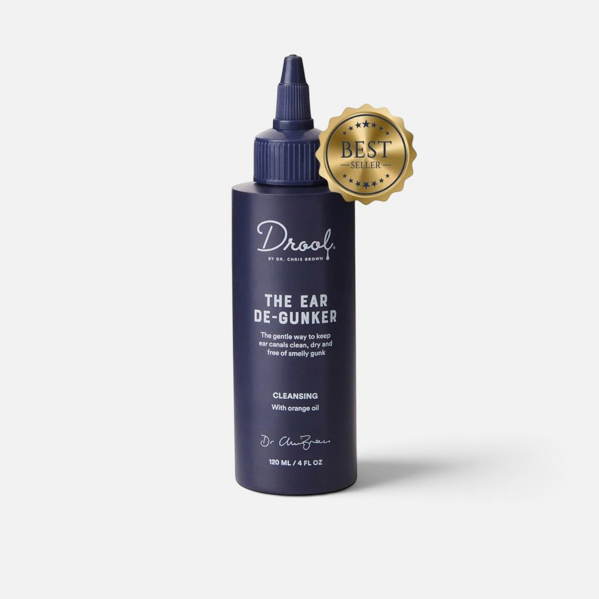 The Dog Emporium Drool Ear De-Gunker bottle with a best seller badge for gentle dog ear cleaning and odor removal