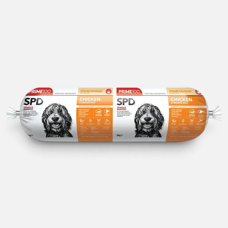 The Dog Emporium SPD chicken and brown rice steam cooked dog food roll in 2kg packaging