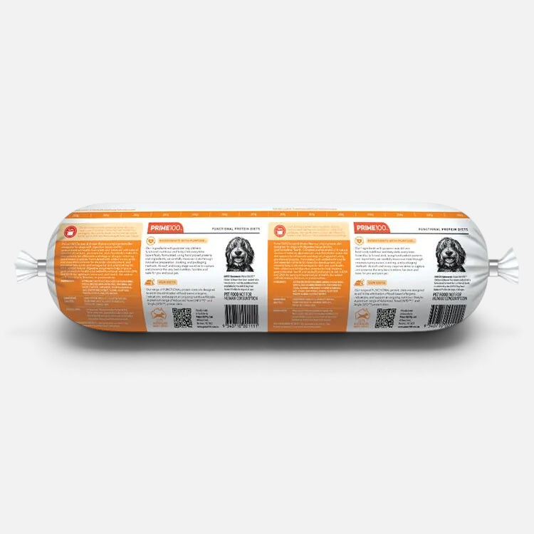 The Dog Emporium SPD chicken functional protein diet dog food roll with detailed nutritional information