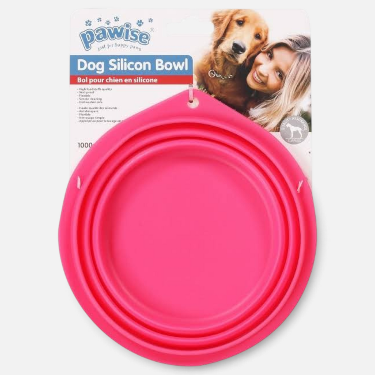 The Dog Emporium pink collapsible silicone dog bowl on retail packaging with a dog and owner photo