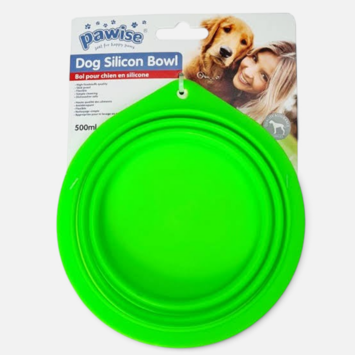 The Dog Emporium bright green collapsible silicone dog bowl in original Pawise retail packaging