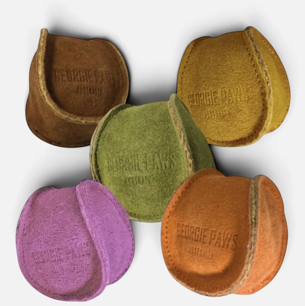 The Dog Emporium Georgie Paws compostable buffalo suede dog fetch balls in assorted vibrant colours