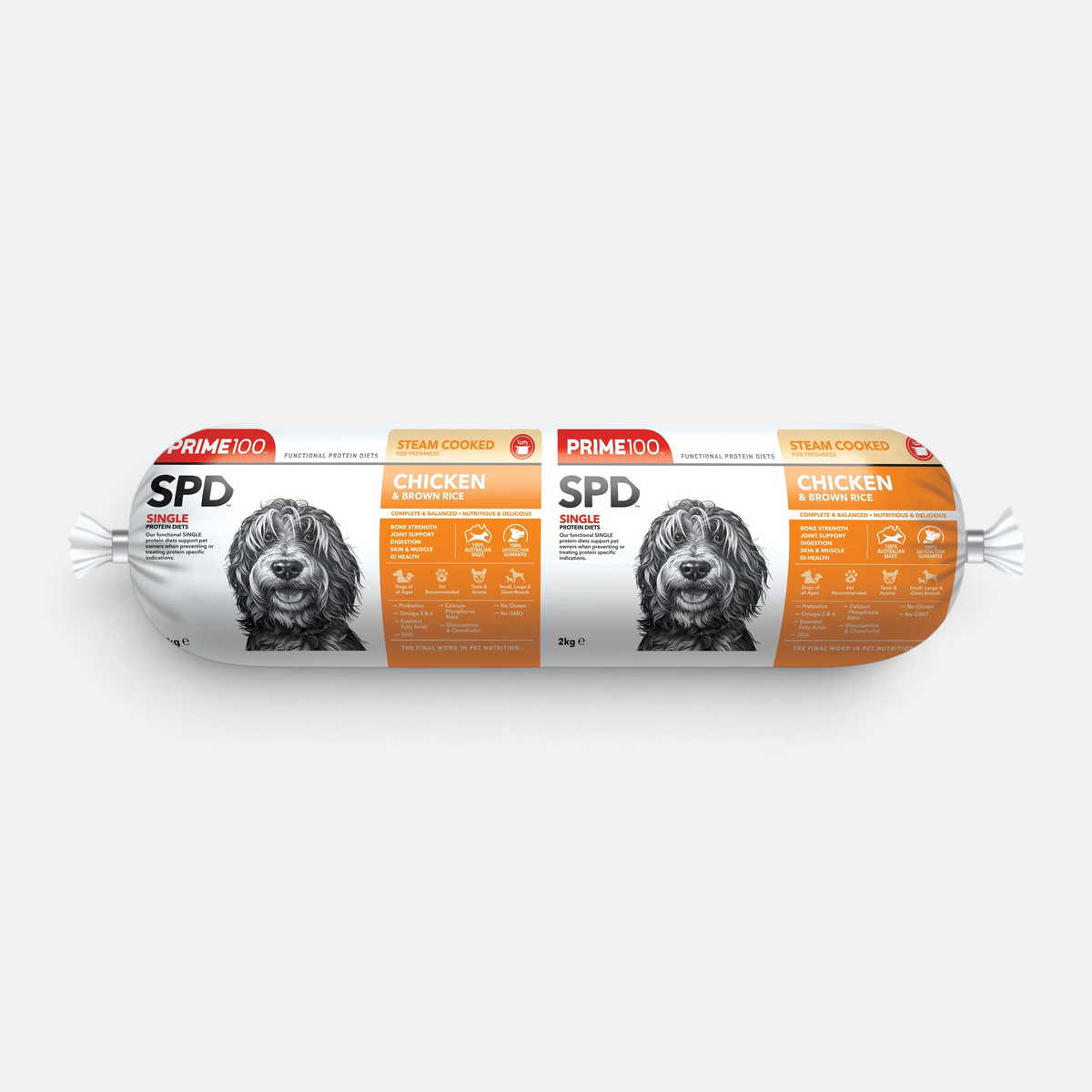 The Dog Emporium Prime100 SPD Fresh Roll Chicken and Brown Rice dog food in 2kg packaging for digestive health.