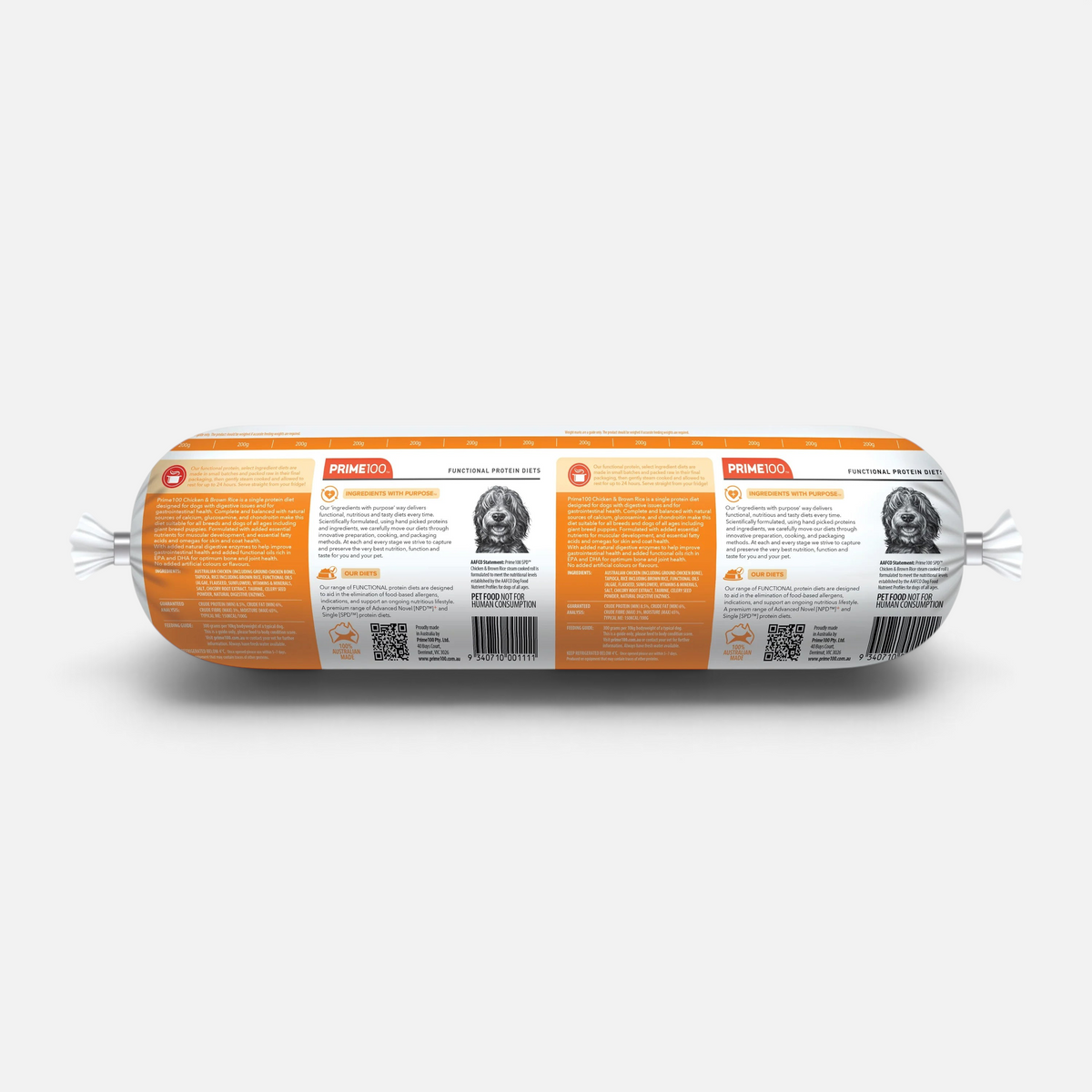 The Dog Emporium Prime100 SPD Fresh Roll Chicken and Brown Rice dog food in a 2kg refrigerated log packaging.