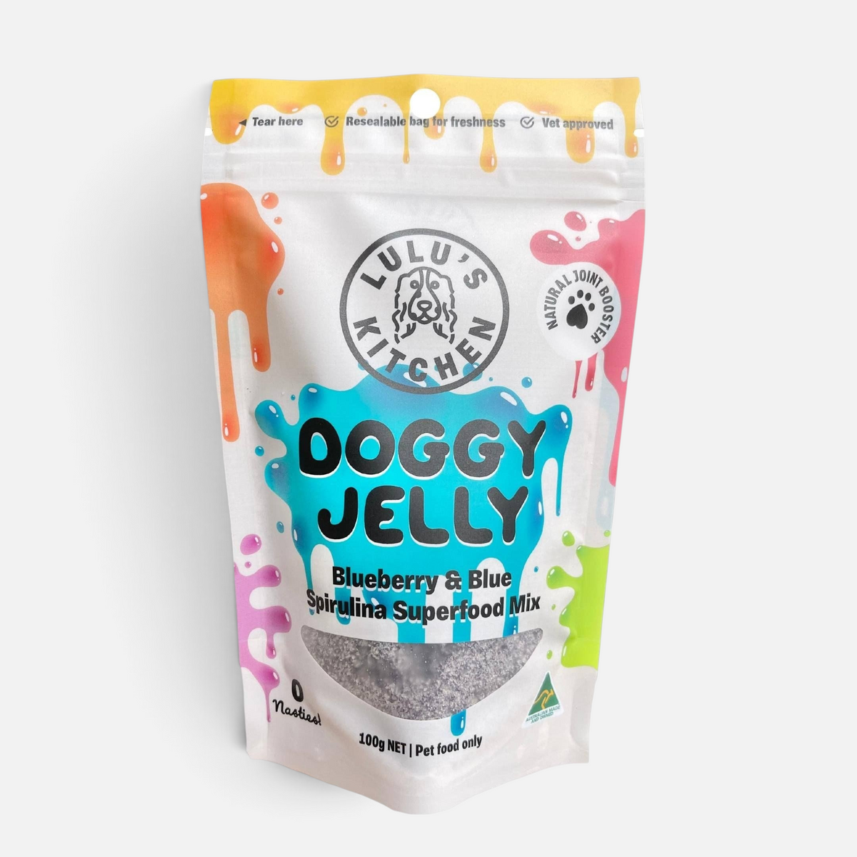 The Dog Emporium Blueberry and Blue Spirulina Doggy Jelly superfood mix in a resealable 100g pouch.