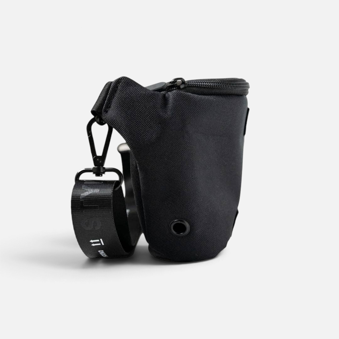 The Dog Emporium black canvas waist and cross body bag with adjustable logo strap and poop bag dispenser eyelet.