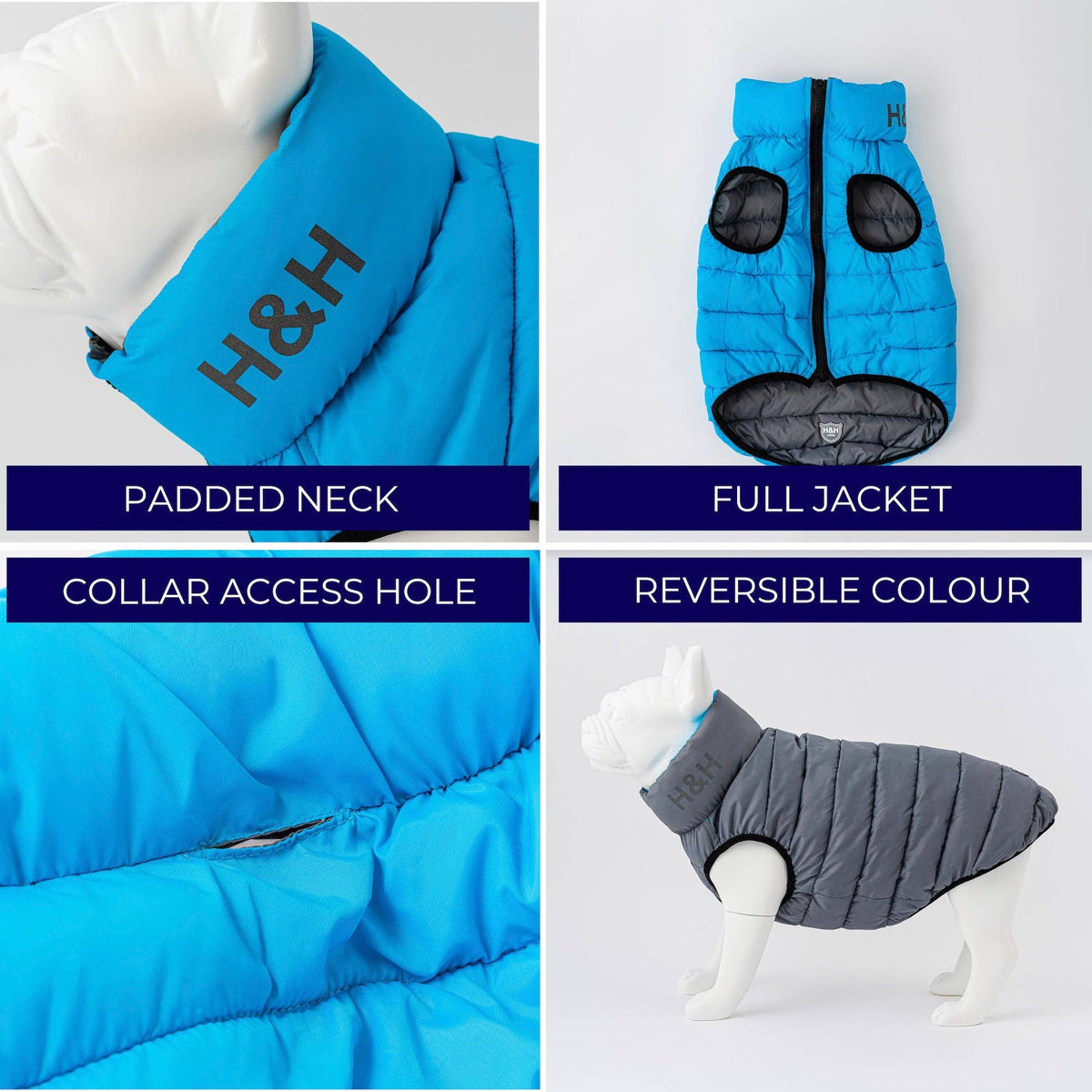 Reversible Dog Puffer Jacket - Light Blue and Grey
