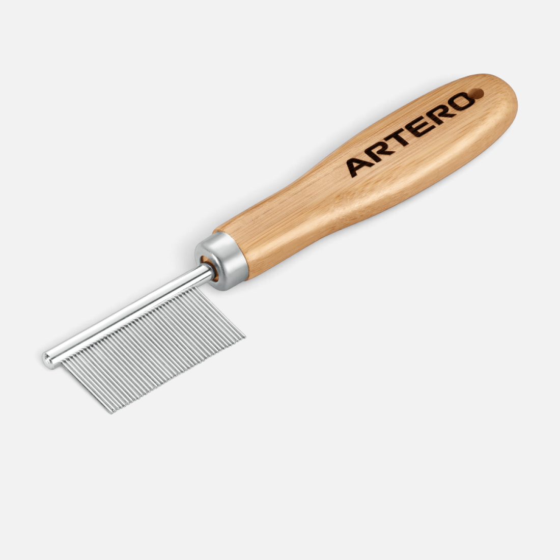 The Dog Emporium Artero mini face and eye comb with a natural wood handle and chrome finish for dogs and cats