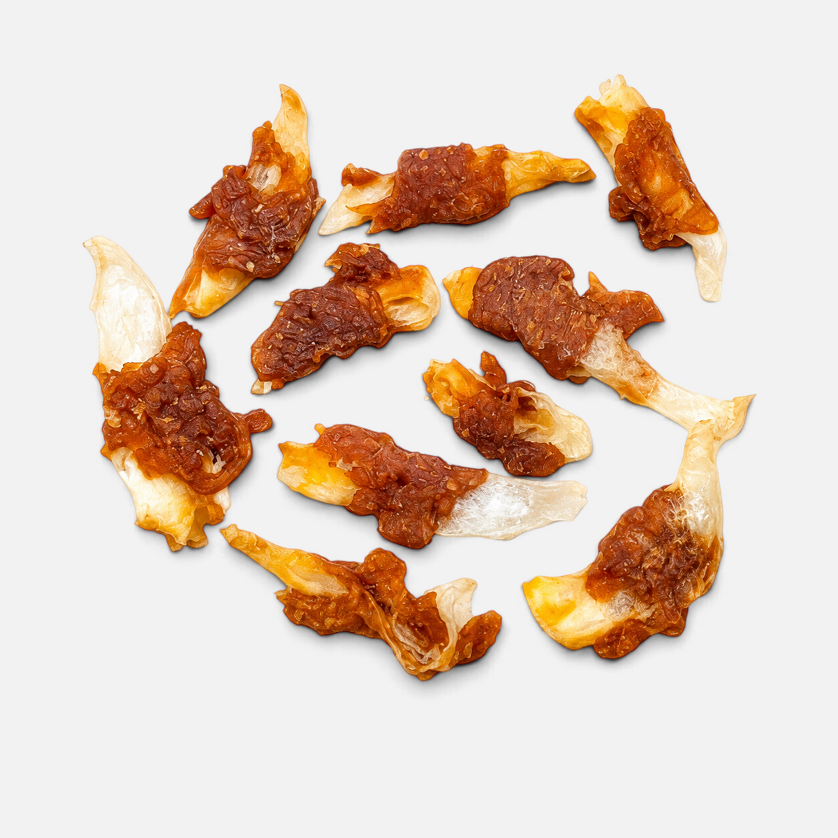 The Dog Emporium chicken wrapped rabbit ears dog treats, a natural and chewy snack for pets.
