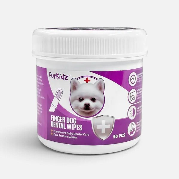 The Dog Emporium Furkidz finger dental wipes jar for dogs, featuring a 50-pack supply for easy oral hygiene.