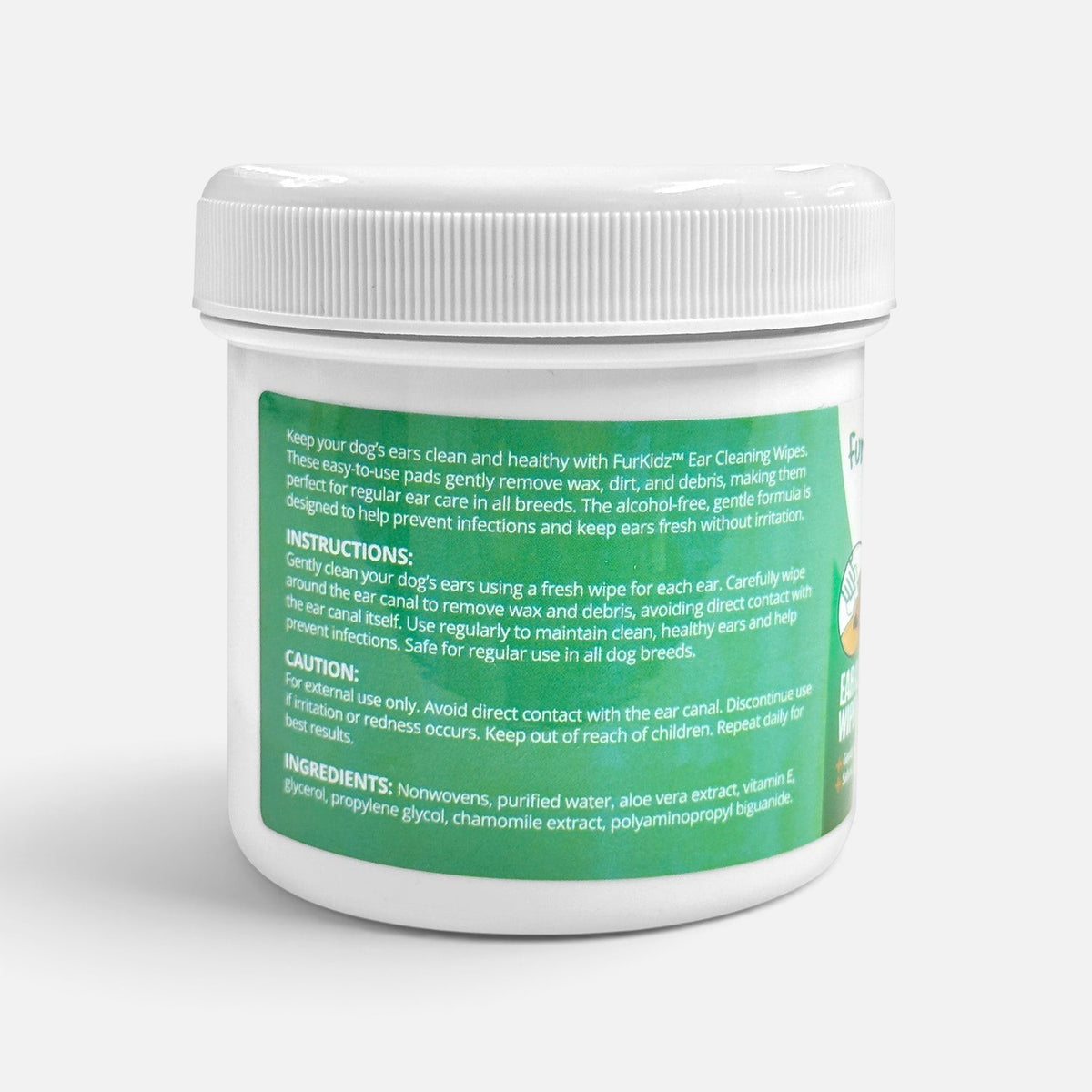 The Dog Emporium Furkidz ear cleaning wipes for dogs in a white resealable jar with green label details