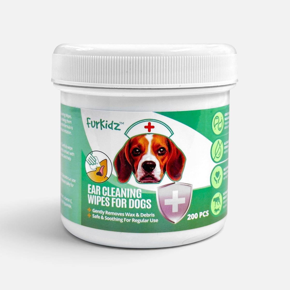 The Dog Emporium Furkidz ear cleaning wipes for dogs in a 200-count white resealable jar with a beagle illustration.