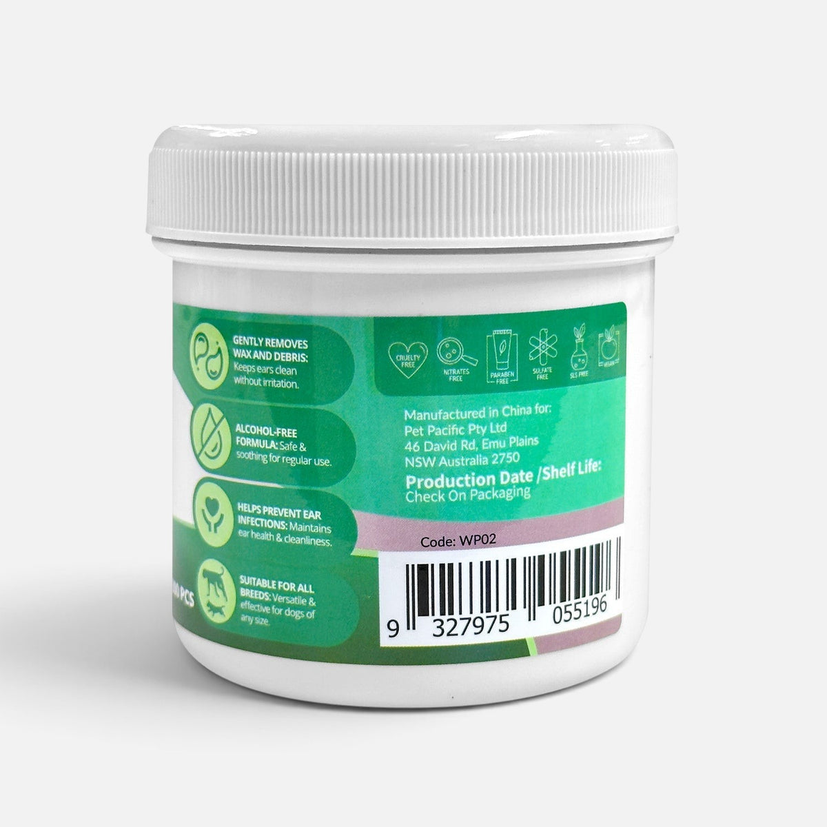 The Dog Emporium Furkidz ear cleaning wipes in a white resealable jar with green label detailing benefits for dogs