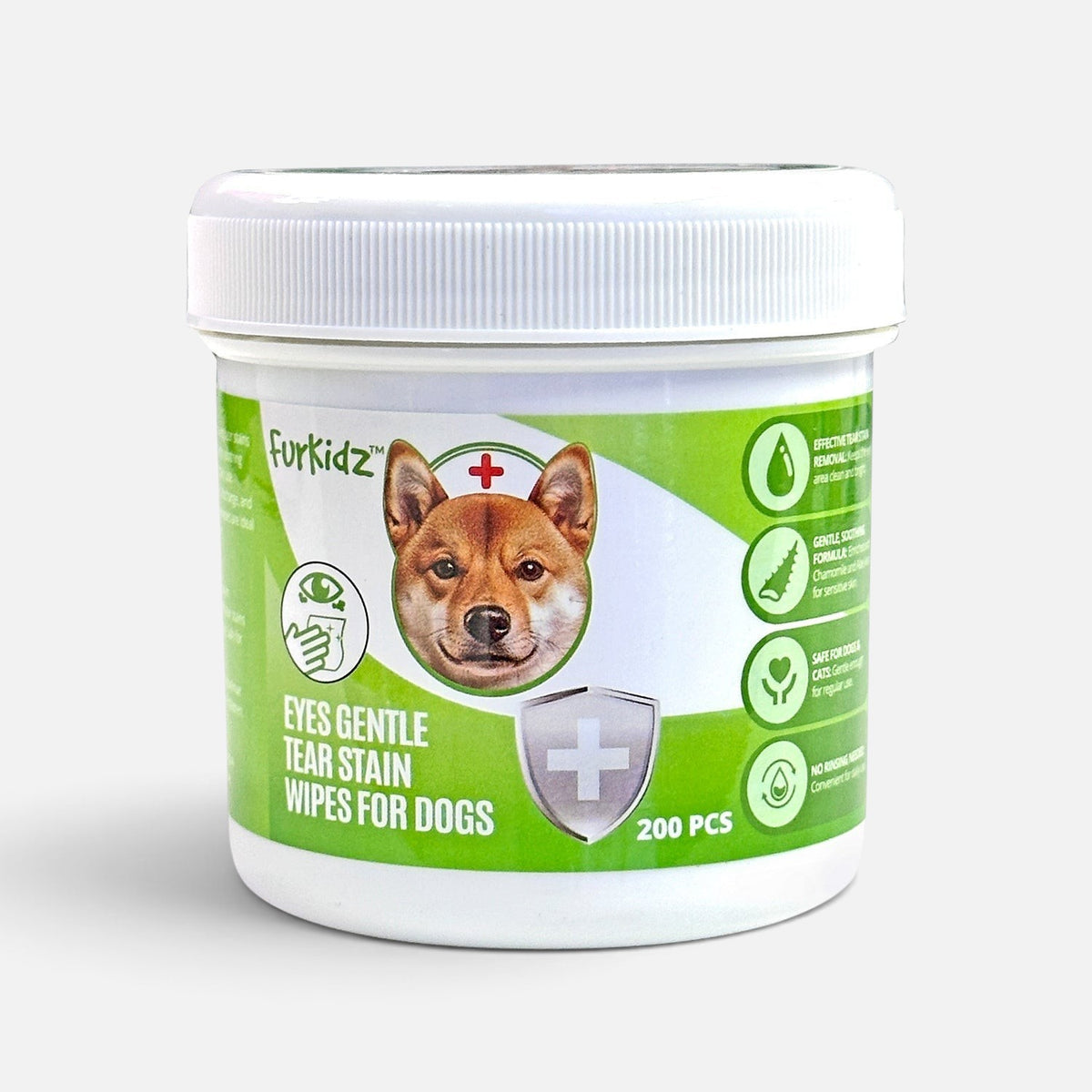 The Dog Emporium FurKidz tear stain wipes for dogs in a 200-count white plastic jar with green branding.