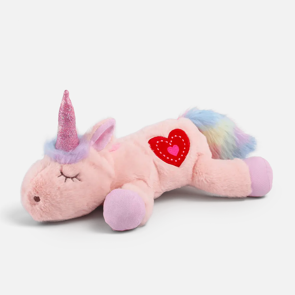 The Dog Emporium Little Buddy Heart Beat Unicorn plush toy in pink with a glittery horn and rainbow tail.