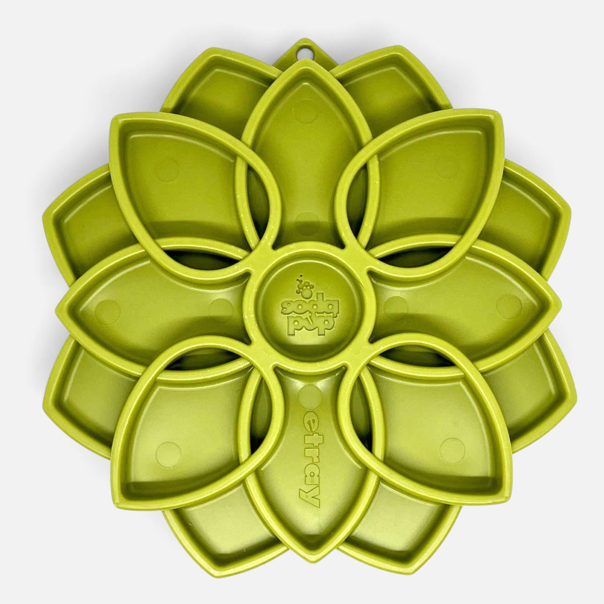 The Dog Emporium Mandala eTray green flower-shaped slow feeder bowl for dogs to promote healthy, slower eating.