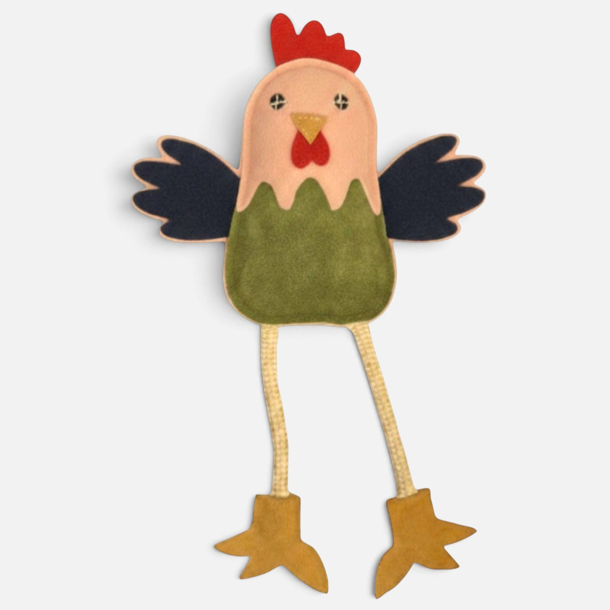 The Dog Emporium Matilda the Chicken dog toy made from sustainable buffalo suede with cotton rope legs and jute.