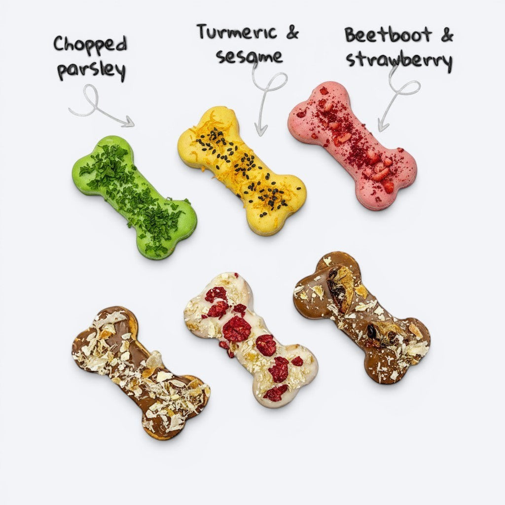 The Dog Emporium Nutri Bone dog treats with freeze-dried raspberry, sardine head, and shark cartilage toppings.