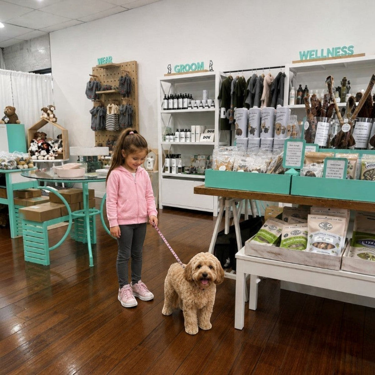 Young girl in a pink hoodie walking a golden doodle with a patterned leash inside The Dog Emporium retail store.