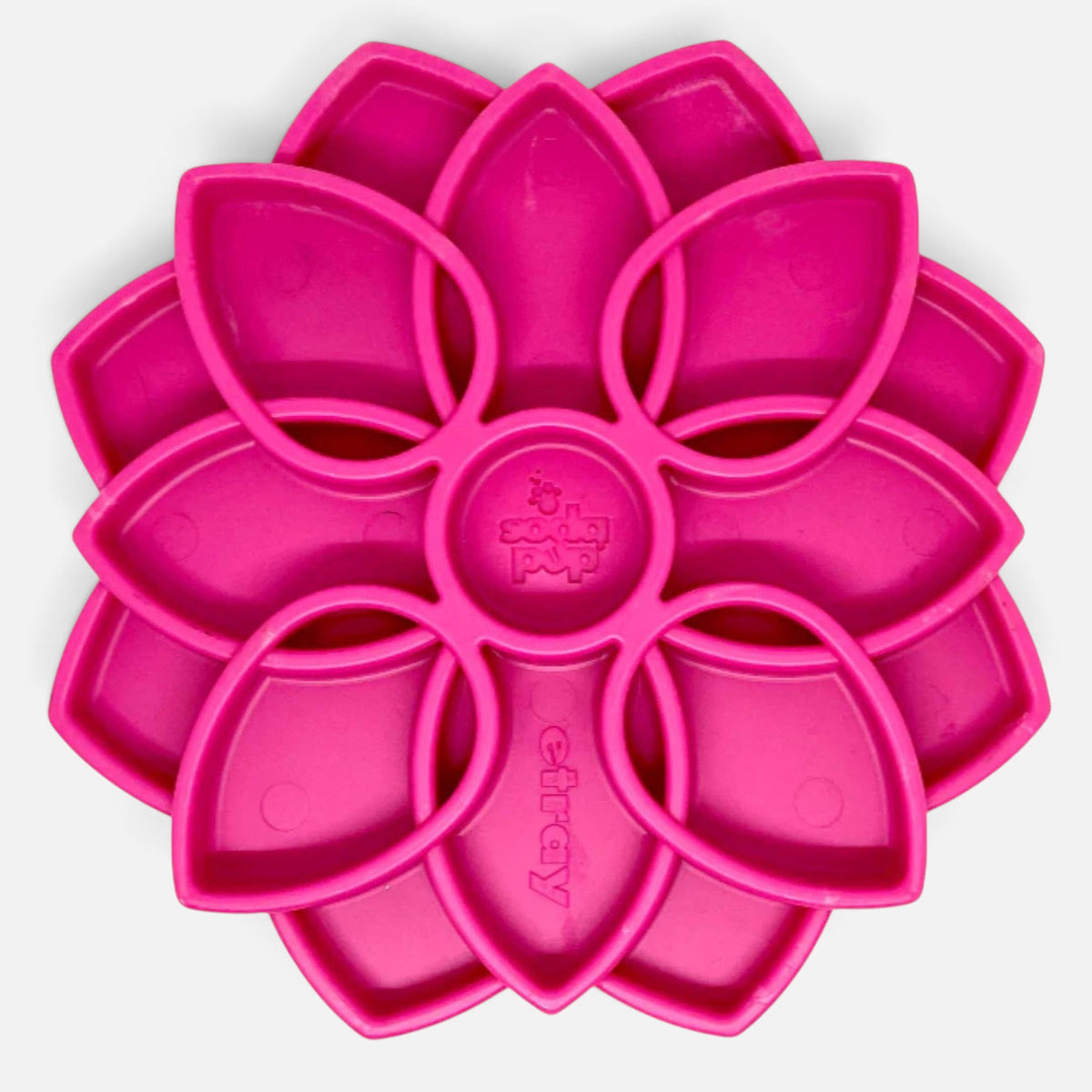 The Dog Emporium pink Mandala eTray slow feeder for dogs with a flower-shaped design for healthy eating.