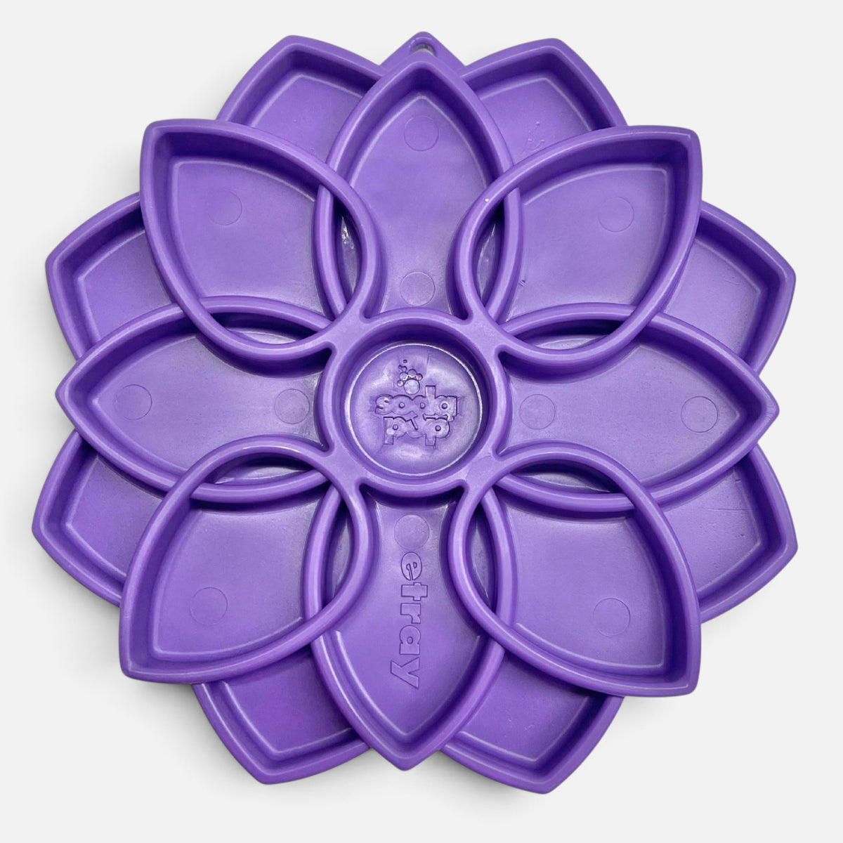 The Dog Emporium purple Mandala eTray slow feeder bowl with a flower-shaped design for healthy dog digestion.
