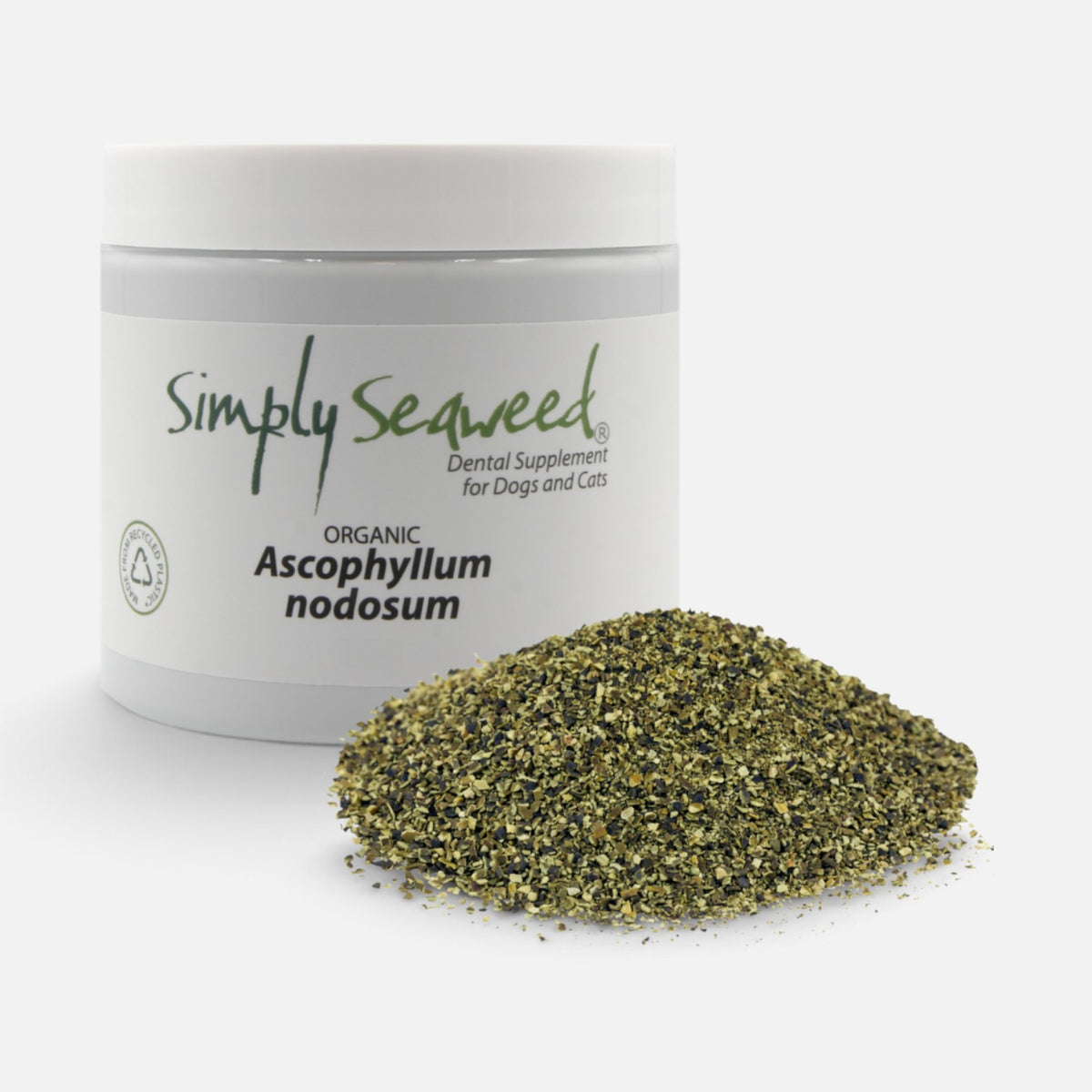 The Dog Emporium Simply Seaweed organic dental supplement powder for dogs and cats in a white jar with green label
