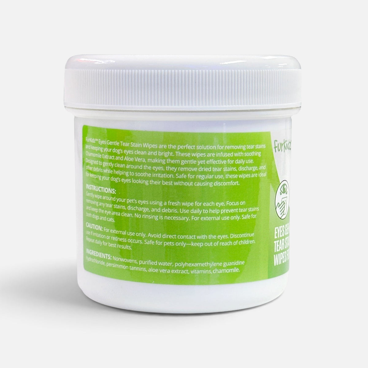 The Dog Emporium FurKidz tear stain wipes jar for dogs with gentle formula for cleaning eye discharge and stains.