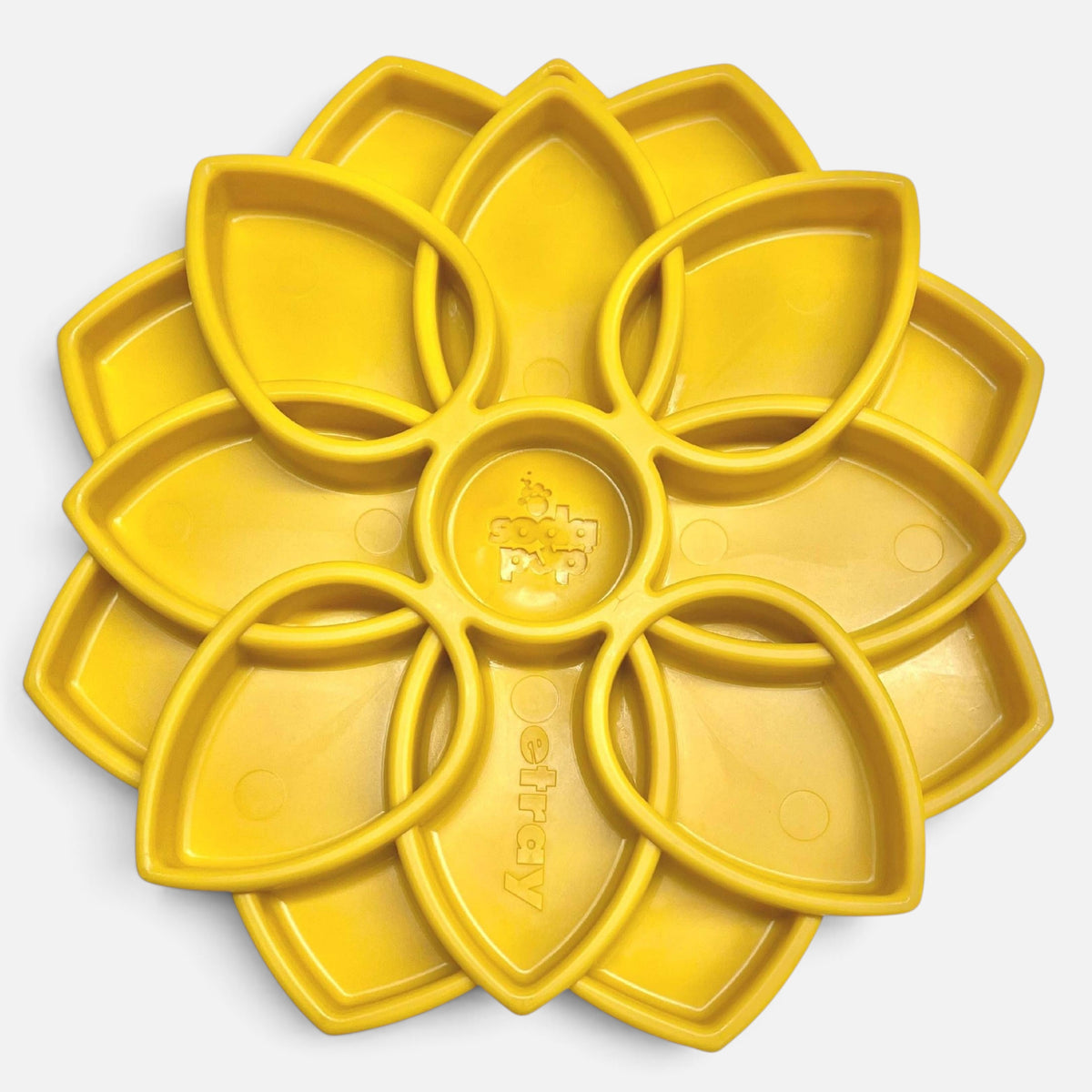 The Dog Emporium yellow Mandala eTray slow feeder bowl with a flower-shaped design for healthy dog digestion.